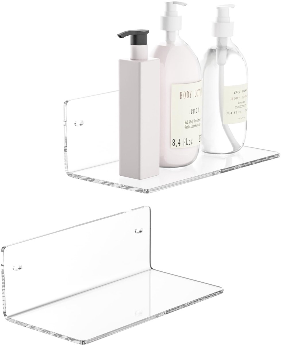 Sezanrpt 20cm transparante wandplank, zwevende plank van acryl, wandplankorganizer voor opbergruimte, ruimtedecoratie, ruimtebesparend, 10cm diep, 2-pack Klaar