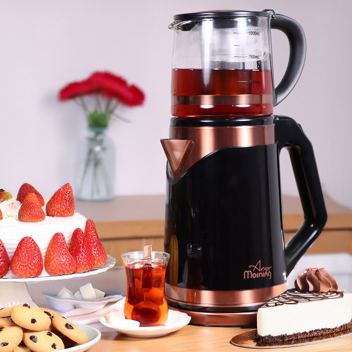 Any Morning - Turkse Elektrische Theemaker - Automatische Uitschakeling - Beveiliging tegen Droogkoken - Snoerloze Waterkoker met Theepot Set - Afneembaar Filter - 360 Draaibare Basis - 2 L - 68 oz - 1500 W — afbeelding 7