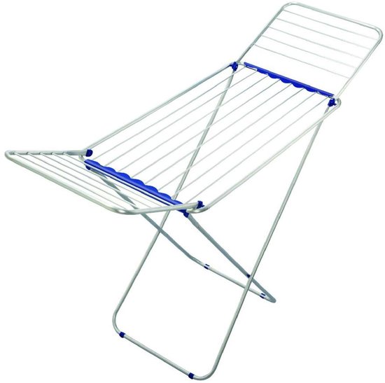 Zilverkleurig droogrek met blauwe accenten, in uitklapbare A-vorm.