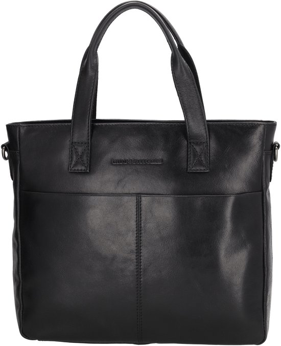 Zwarte leren tas van Hide & Stitches met twee handvatten en opgestikte vakken.