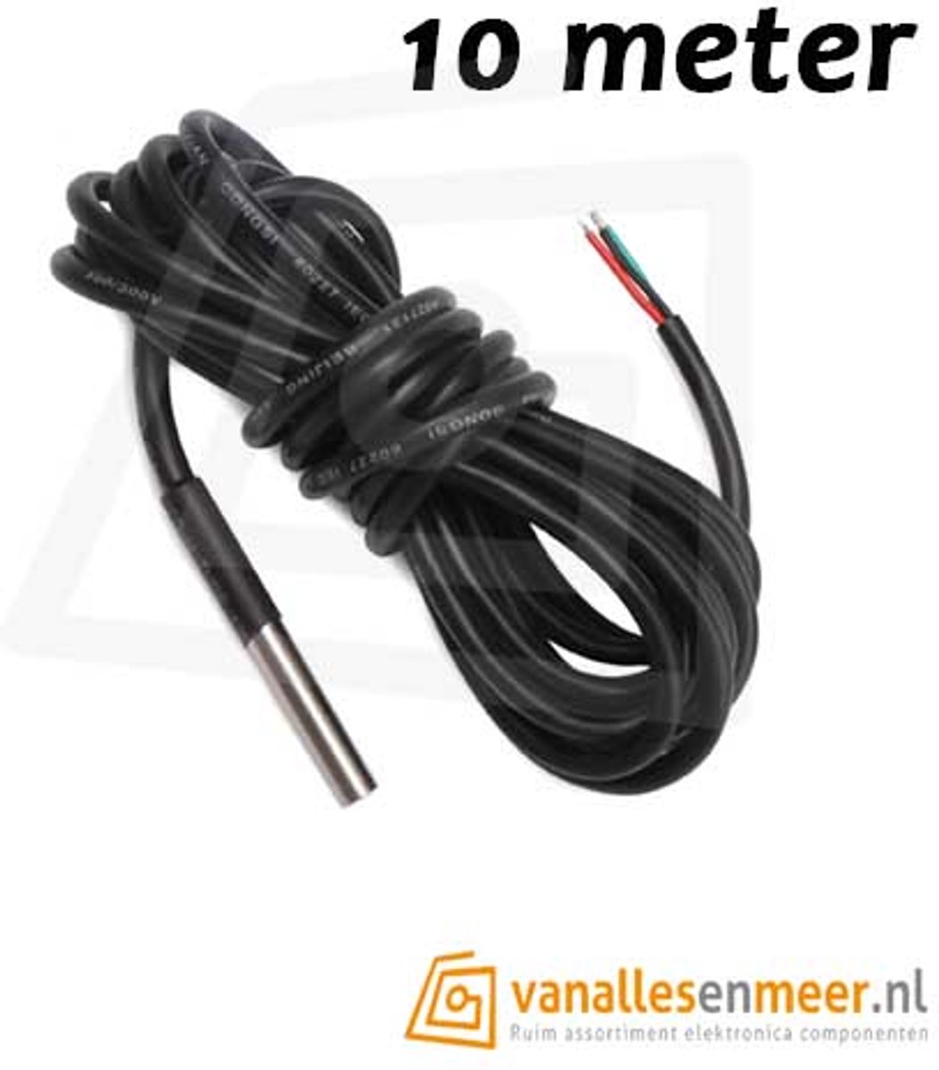 Temperatuur 1 Wire Waterdicht DS18B20 10meter geschikt voor Arduino en Raspberry.