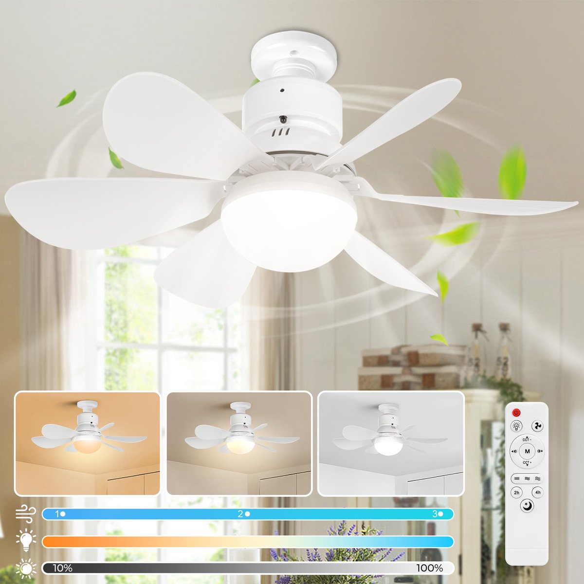 Plafondlampen met Ventilator - 3 kleurtemperatuurverlichting - Doorsnede 52 cm Ventilator Lamp met Afstandsbediening - 40W Plafondventilator met Dimbare LED Lamp - 1/2/4 uur Tmerfunctie - Beschikbaar in Voor Slaapkamer, Woonkamer, Garage enz(Wit)