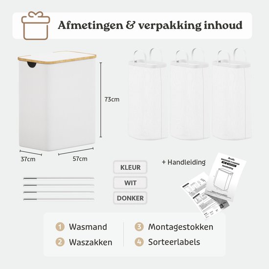 Panier à linge Avela 3 compartiments - 160 L - Wit - Panier à linge avec couvercle - Trieur de linge