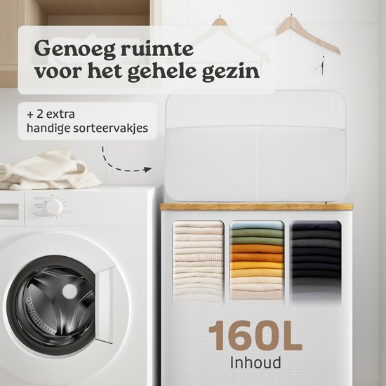 Panier à linge Avela 3 compartiments - 160 L - Wit - Panier à linge avec couvercle - Trieur de linge