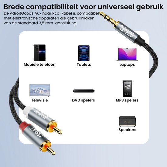 AdroitGoods kabel met 3.5mm jack en RCA stekkers, getoond met compatibele apparaten.