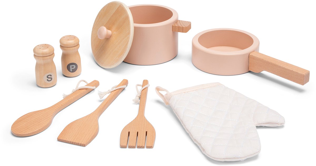 Woet® Houten Speelgoed Kinderkeuken - Speelkeukentje met Rotan Details en Gouden Kraan - Speelkeuken Roze met Diverse Accessoires - Werkbladhoogte 55 cm - Rollenspel - Vanaf 3 Jaar — afbeelding 4