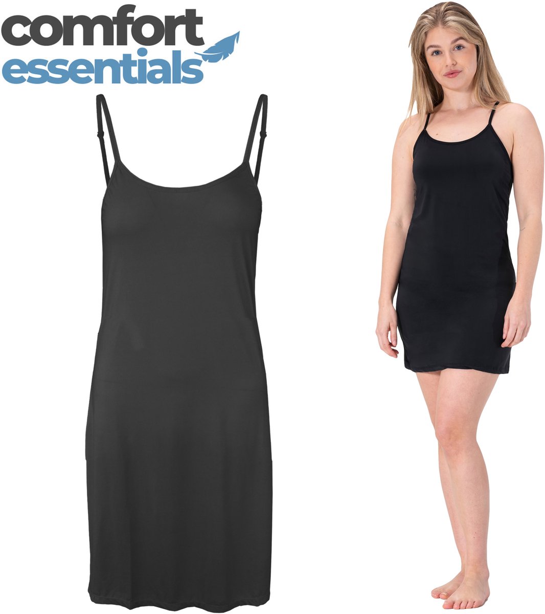 Comfort Essentials - Korte Onderjurk Dames - Onderjurk Zwart - XXL/XXXL - EU 44-46 - Onderjurk Kort - Spaghetti Bandjes - Nachthemd -Nachtjapon - Anti-statisch