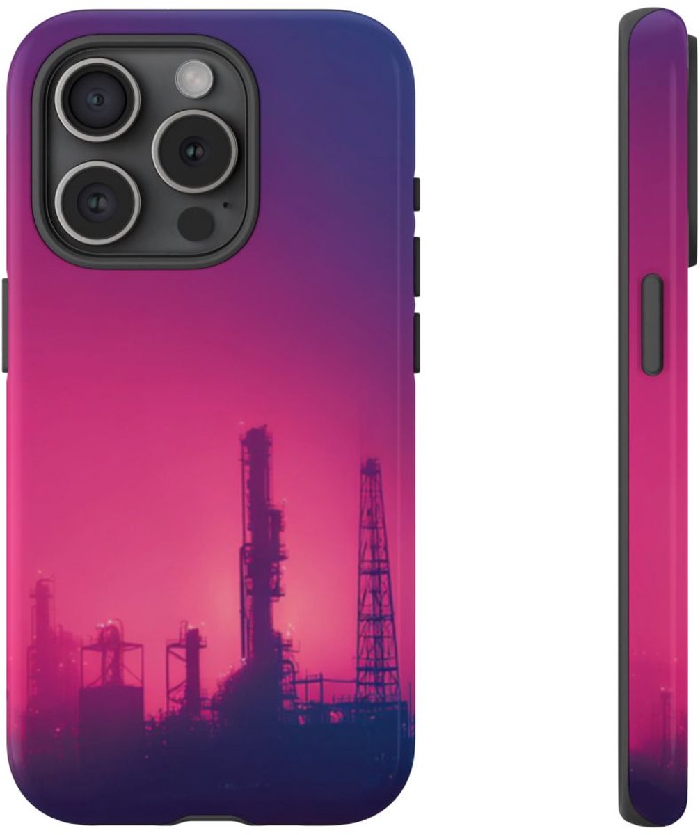 Industrieel Silhouet met Neon Gloed – Telefoonhoesje Geschikt voor iPhone 15 Pro