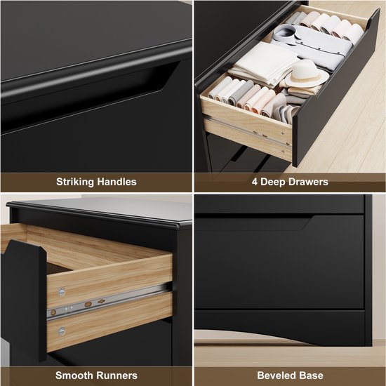 Quatre gros plans d'une commode noire : poignées, tiroirs ouverts avec des vêtements, glissières de tiroir et base.