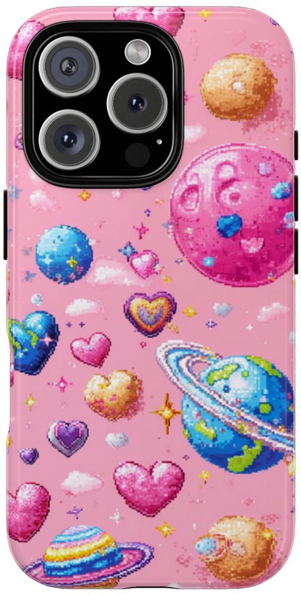 Pixel Art Harten en Planeten Patroon – Telefoonhoesje Geschikt voor iPhone 16 Pro