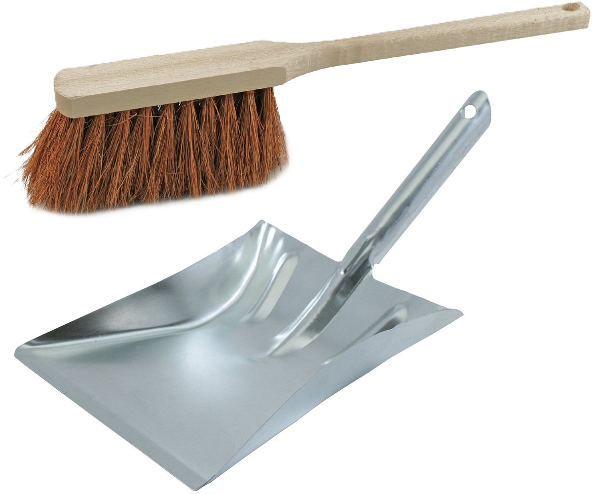 Benson Stoffer en Blik combinatie - voor buiten - Veger hout met kokosvezels van 45 cm - Zilver metalen blik van 23 x 23 x 38 cm