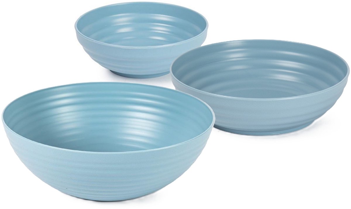 Plasticforte onbreekbaar servies schalen set - blauw - kunststof - 3 formaten - 10x stuks - Camping - Keuken