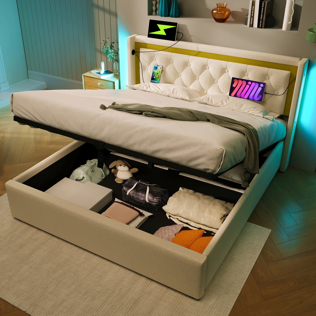 Gestoffeerd bed LED-tweepersoonsbed Opbergbed Box met USB Type C opladen - opbergbed 160x200cm - zonder matras