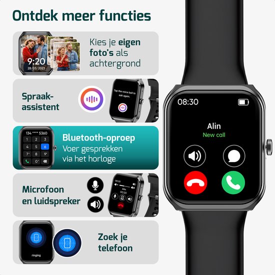 Smartwatch toont foto's als achtergrond, spraakassistent, Bluetooth-oproep, microfoon, luidspreker.