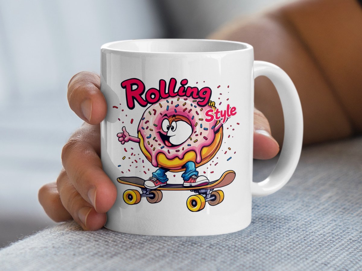 Grappige Donut Skateboarder Mok, Rolling Style Cartoon Mok, Unieke Koffiemok, Cadeau Idee