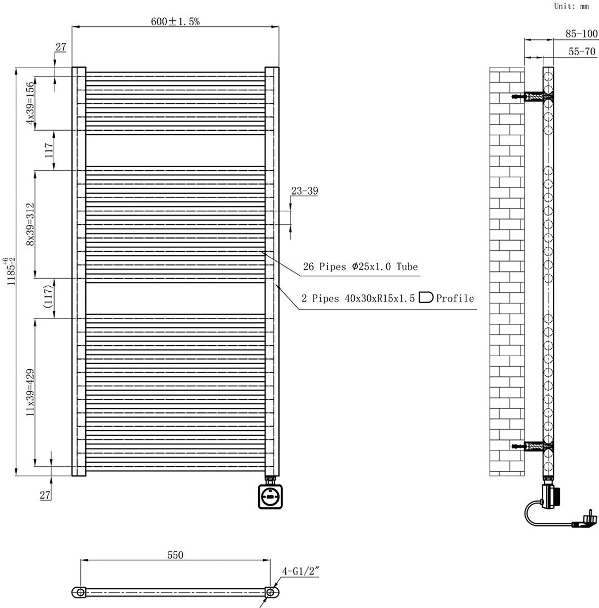 AquaVik Elektrische Radiator Värme Smart WiFi 118,5x60cm Aska Gunmetal