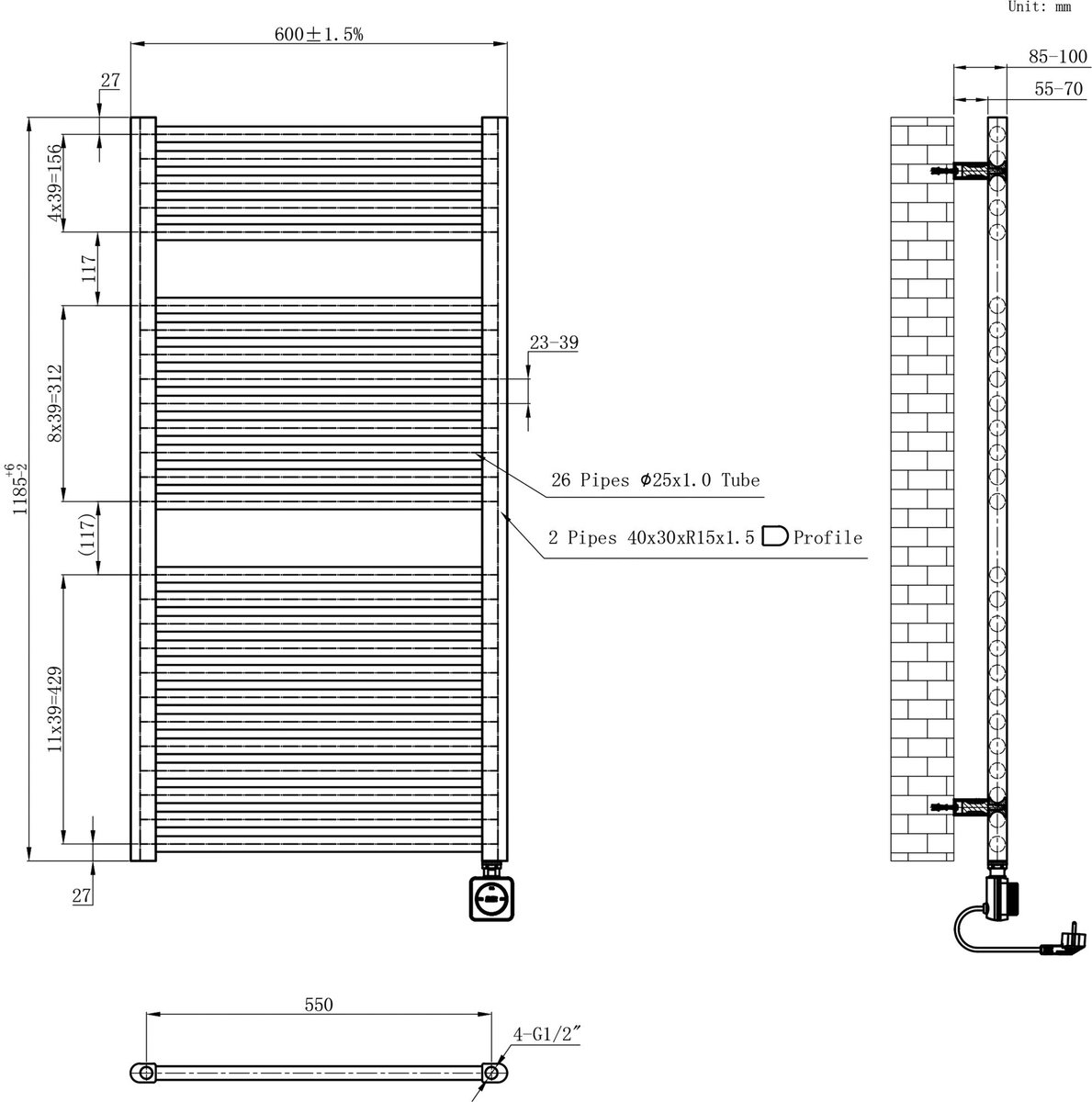 AquaVik Elektrische Radiator Värme Smart WiFi 118,5x60cm Nattmörk Mat Zwart