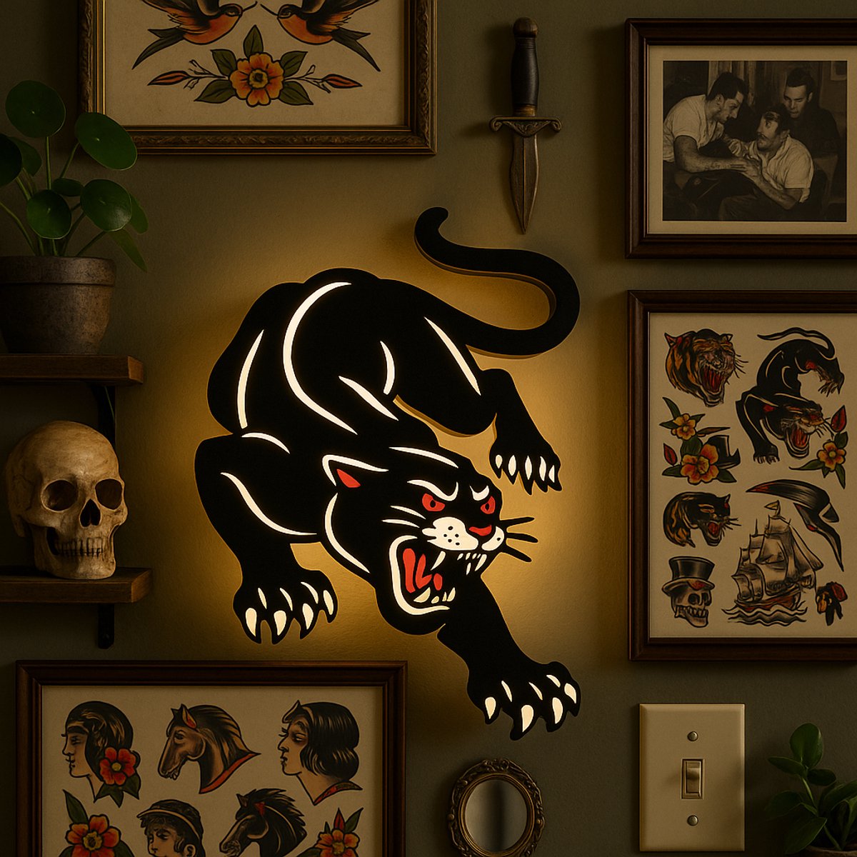 Tattoo Lightbox Old School Panther – LED Wandlamp | Cadeau Tattoo Artiest | 3D Prints | St