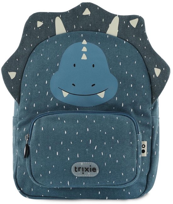 Sac à dos bleu à pois blancs, tête de dinosaure et le texte 'trixie'.