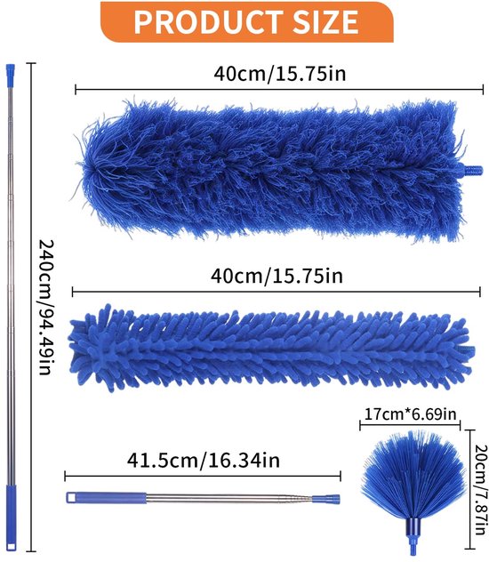 TAIXING 9 stuks plumeau telescopisch, 2,8 m lang, uittrekbaar, microvezel met telescoopstang, haken, poetsdoeken, voor het reinigen van hoge plafonds, gaten, spinnenwebben (blauw