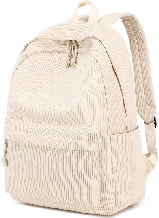 Sac d'école pour jeunes, grande taille, en velours côtelé, léger, pour filles et garçons, décontracté, pour lycée, collège, ordinateur portable 17 pouces, sac de voyage, beige, 17 pouces, classique
