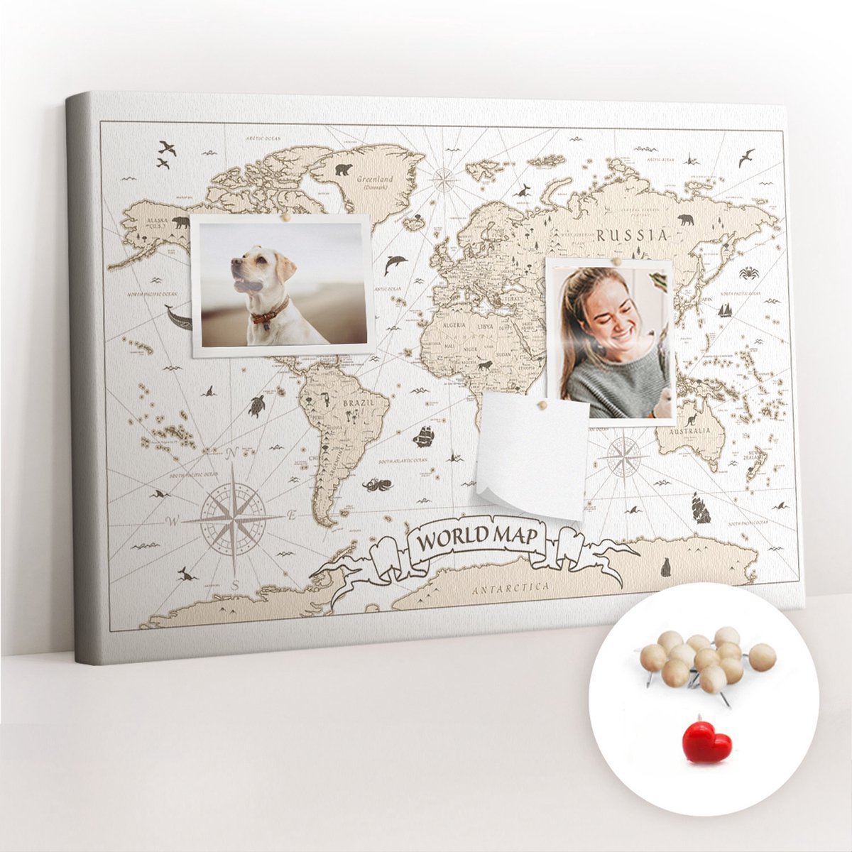 Tulup Prikbord - Vintage wereldkaart Kurkbord - 60 cm x 40 cm - Wit Prikbord - Houten Pinnen - Kurk Bedrukken - Kurkbord Voor Kantoor - Memobord Van Kurk - Design Prikbord Kurk - Kurkbord Wanddecoratie