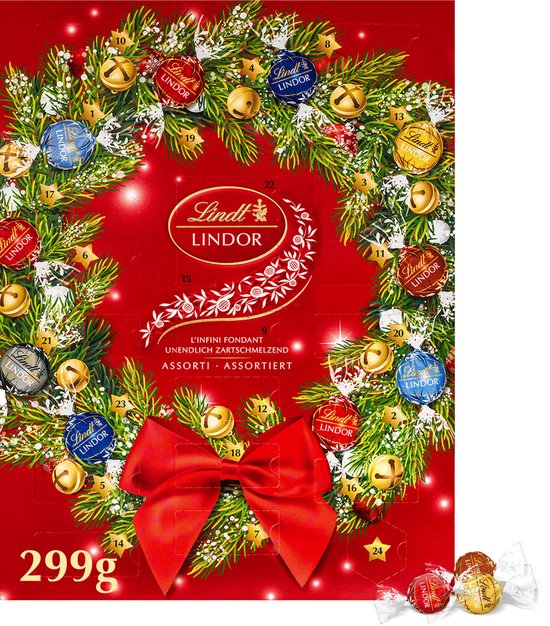 Lindt LINDOR Adventskalender chocolade bonbons gemengd 299gr - 24 premium chocolade bonbons - Tel samen met Lindt af tot Kerst