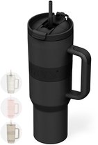ONYX Drinkfles met Rietje 1 Liter - Waterfles voor Kinderen & Volwassenen - Thermosbeker RVS Travel Mug - Motiverende Drinkbus - Drinkbeker voor School - Onyx Black