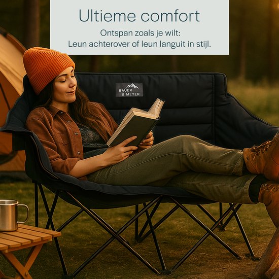 BAUER & MEYER® Campingstoel XL - Kampeerstoel - Opvouwbaar - Visstoel Inklapbaar - 2 Personen - Max. 300 kg - Vouwstoel - Incl. Draagtas - C600 Zwart van Bauer — afbeelding 3