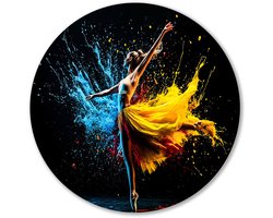 Elegante ballerina met kleurspatten - Dans rond schilderij - Wandobject rond ballerina - Surrealistisch - Forex muurkunst rond - Abstracte schilderijen - Muurcirkel forex 90x90 cm