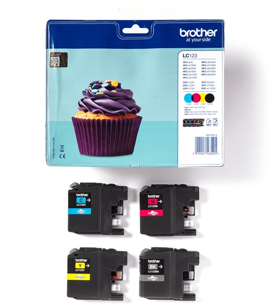 Brother LC123 inktcartridges: cyaan, magenta, geel en zwart. De verpakking toont een cupcake met paarse botercrème en gekleurde hagelslag.