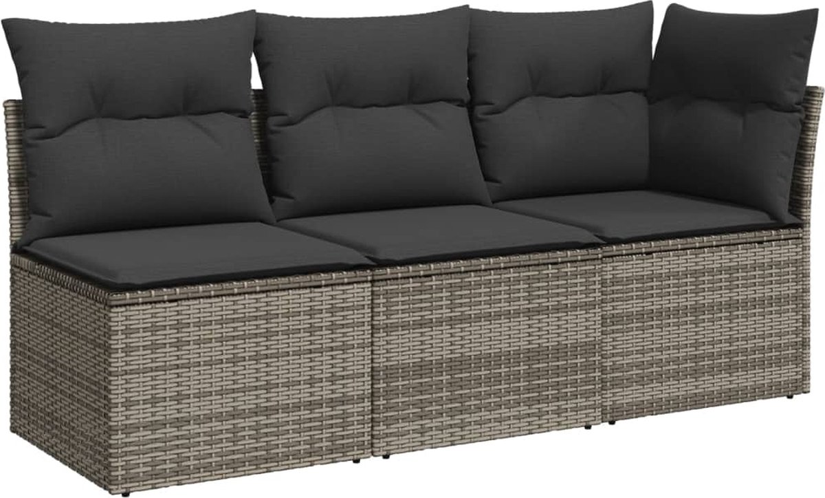 vidaXL - Tuinbank - 3-zits - met - kussens - poly - rattan - grijs
