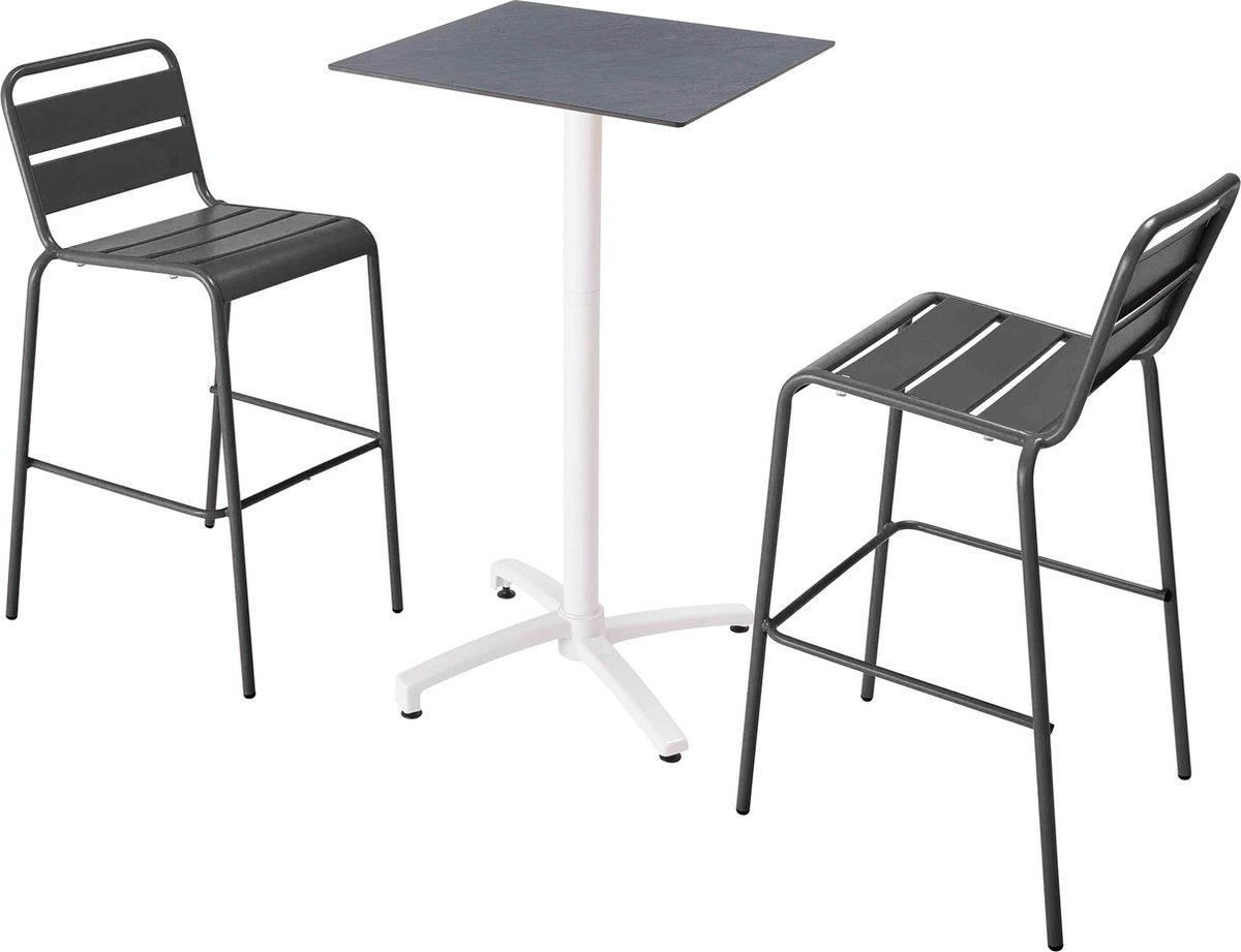Oviala - Set hoge tafel met leisteen grijze laminaat en 2 hoge grijze stoelen