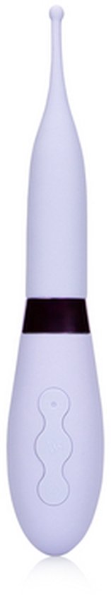Een paarse vibrator met siliconen punt en een paarse band.
