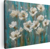 Artaza Canvas Schilderij Witte Bloemen op een Blauwe Achtergrond - 80x60 - Muurdecoratie - Foto Op Canvas - Canvas Print