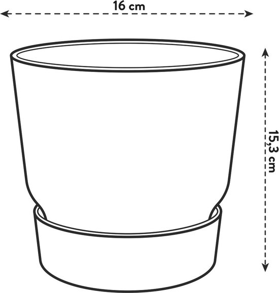 Schematische tekening van een bloempot met schotel, met afmetingen 16 cm breed en 15,3 cm hoog.