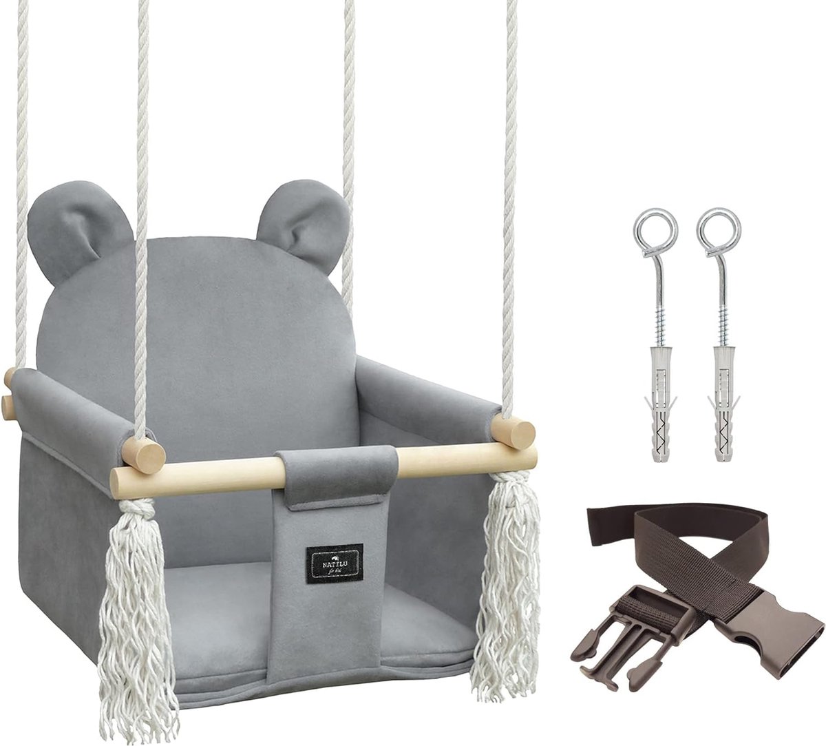 Goedkoopste Babyschommelset voor binnen en buiten, beer-grijs fluweel, schommel, kinderschommel, kleuterschommel, peuterschommel, houten schommel, schommelzitje vanaf 6 m, voor thuis, tuin
