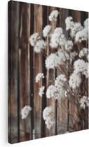 Artaza Canvas Schilderij Witte Bloemen voor een Houten Hek - 60x80 - Muurdecoratie - Foto Op Canvas - Canvas Print