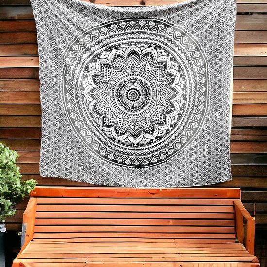 Grijs Wandkleed - Wanddecoratie - Mandala - wanddoek - Duurzaam katoen - Grijs/wit - 210x200