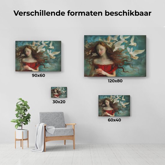 Artaza Peinture sur toile Fille avec une robe rouge et des colombes Witte - 120 x 80 - Groot - Photo sur toile - Impression sur toile