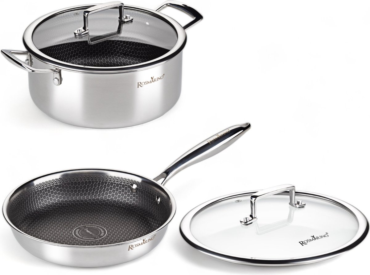 Rosmarino HexaPRO Pannenset 4delig - Koekenpan 24cm - Braadpan 24cm - Pannen - met glazen deksel - Geschikt voor alle warmtebronnen