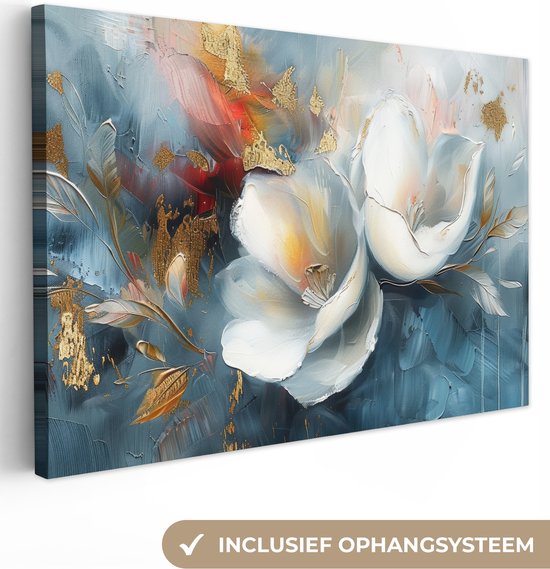 Canvas schilderij 60x40 cm - Wanddecoratie Bloemen - Wit - Goud - Kunst - Abstract - Muurdecoratie woonkamer - Kamer decoratie modern - Abstracte schilderijen