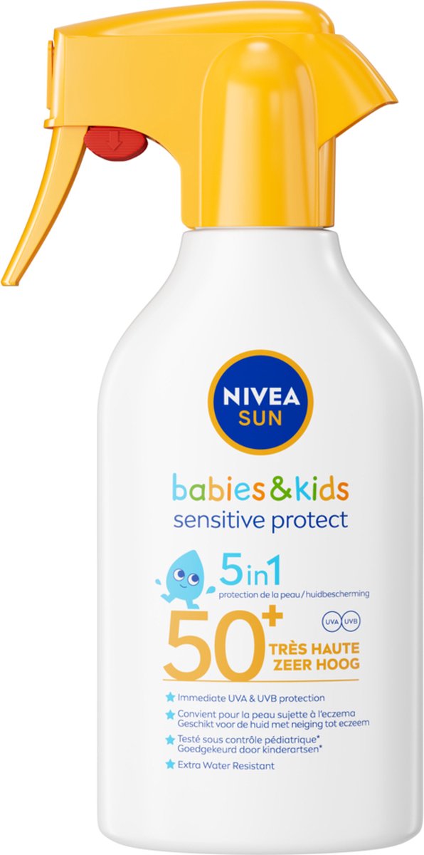 NIVEA SUN Babies & Kids Sensitive Protect Zonnebrand Spray - Baby en Kind - SPF50+ - Zonnespray - Eczeemgevoelige huid - Parfumvrij - Waterbestendig - 270 ml - NIVEA