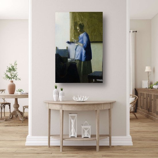 Femme en bleu lisant une lettre - Tableau Johannes Vermeer - Tableau femme - Peintures toile Maîtres anciens - Décoration murale industrielle - Toile cuisine - Décoration murale chambre 75x100 cm