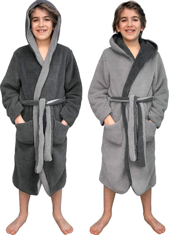 Knuffelfleece badjas voor kinderen - Sherpa ochtendjas met zakken sjaalkraag riem - omkeerbare kinderbadjas voor jongens en meisjes