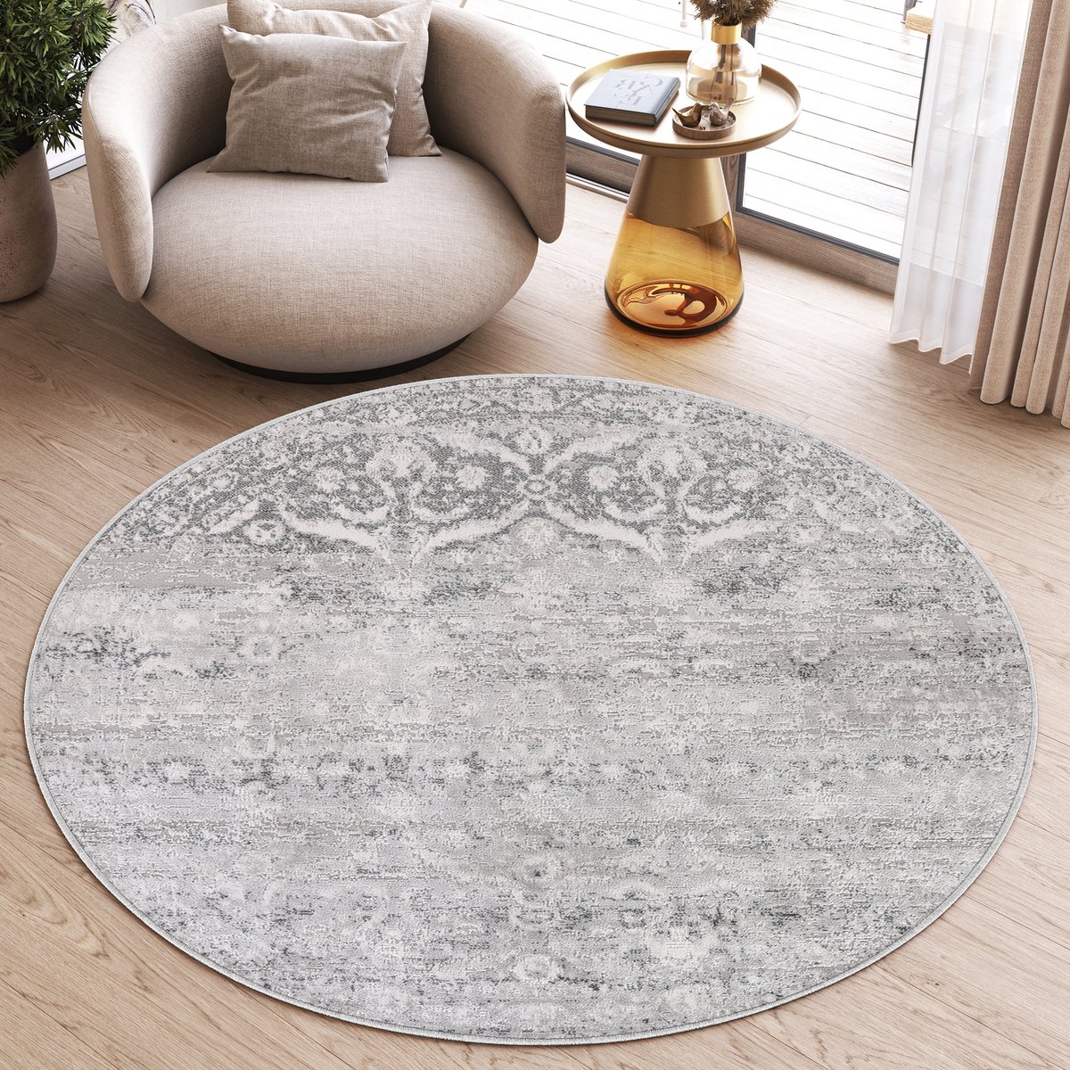 Tapiso Sky Rond Vloerkleed Hoogpolig Grijs Kleed Woonkamer Tapijt Maat- 200x200 Lichtgrijs Gebloemd