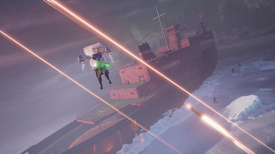 Een personage vliegt met jetpacks bij een rood schip op het ijs, met een projectiel dat op het schip afkomt.