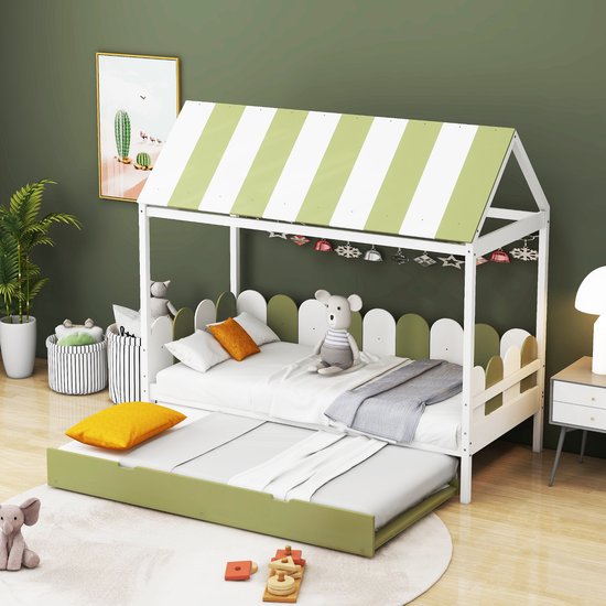 Sweiko Kinderbed 90x190cm met uitschuifbaar bed, huisbed voor jongens en meisjes met dak en rugleuning, massief houten bed met lattenbod, groen