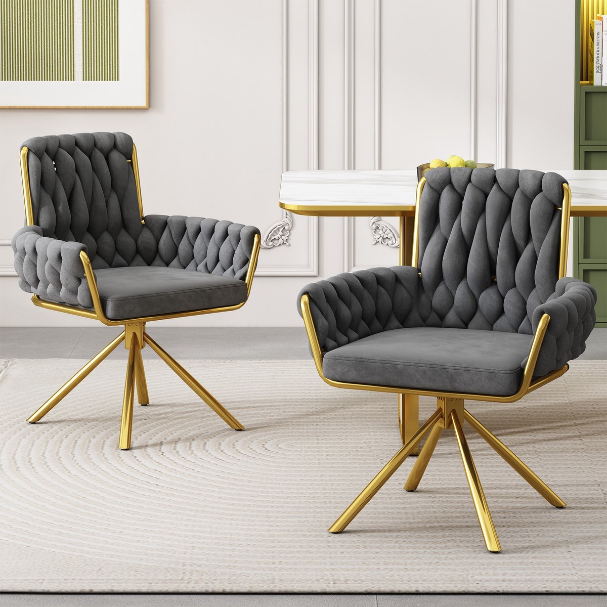 Sweiko Fluwelen eetkamerstoel, 2-delige fauteuil set, enkele luxe woonkamer slaapkamer draaistoel, vrije tijd draaistoel met vier metalen steunpoten, grijs Grijs en goud
