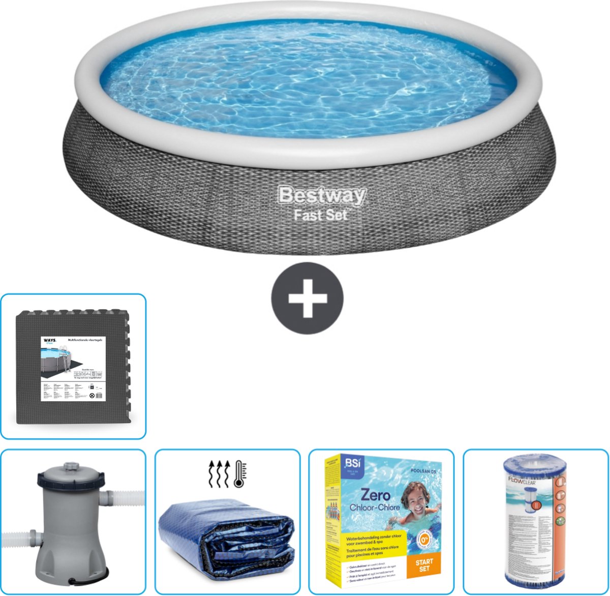 Bestway Rond Opblaasbaar Fast Set Zwembad – Rotanprint – 396 x 84 cm – Inclusief Pomp Solarzeil – Onderhoudspakket – Filter – Vloertegels Bestway Rond Opblaasbaar Fast Set Zwembad – Rotanprint – 396 x 84 cm – Inclusief Pomp Solarzeil – Onderhoudspakket – Filter – Vloertegels